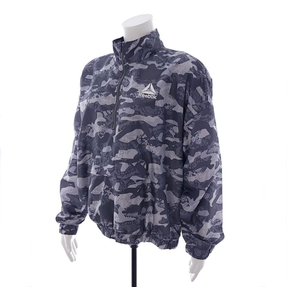Reebok Womens Relaxed Gray Camo Long Sleeve Silver Sconce Windbreaker Jacket